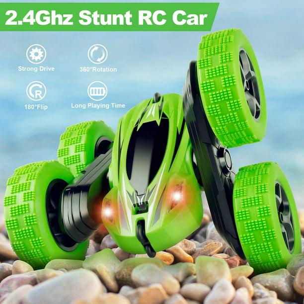 RC Cars Stunt Car Toy Green PUPOUSE Remote Control Car for Boys 4WD 2.4Ghz Double Sided 360° Rotating RC Vehicles LED Headlights Kids Xmas Birthday Toy Cars with 2 Rechargeable Batteries 